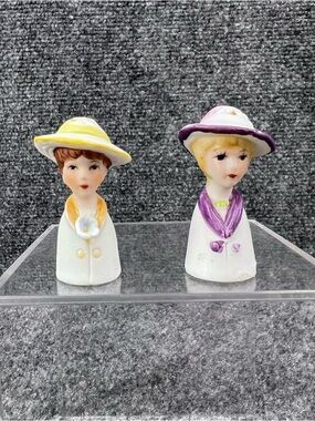 2 Vintage Porcelain Bisque Collectible Ladies 2” Sewing Purple & Yellow Trim